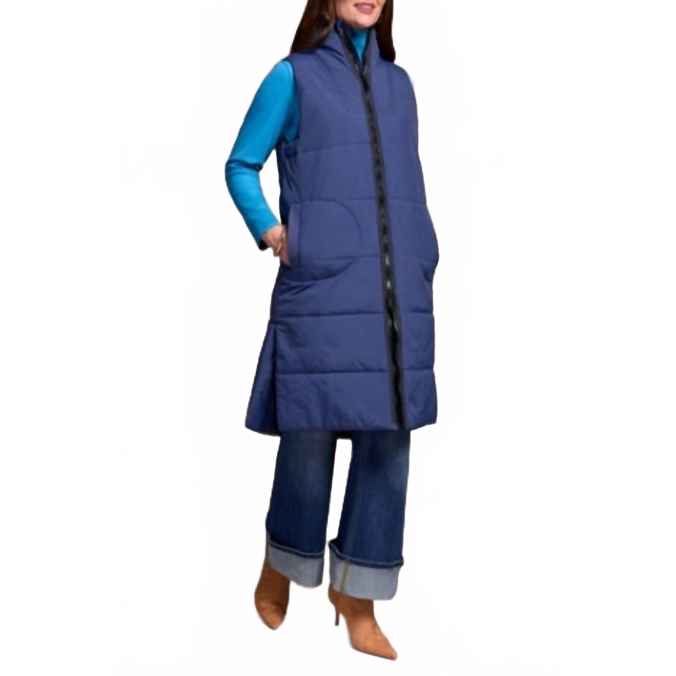 New Tribal Denver Long Quilted Vest In Blue